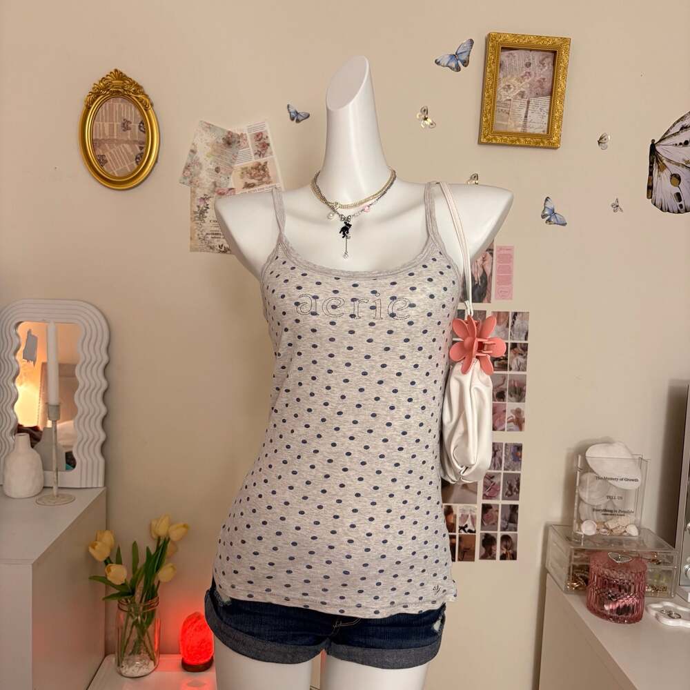 Aerie Vintage Y2K Heather Gray Navy Polka Dot Logo Graphic Camisole Tank Top Wom